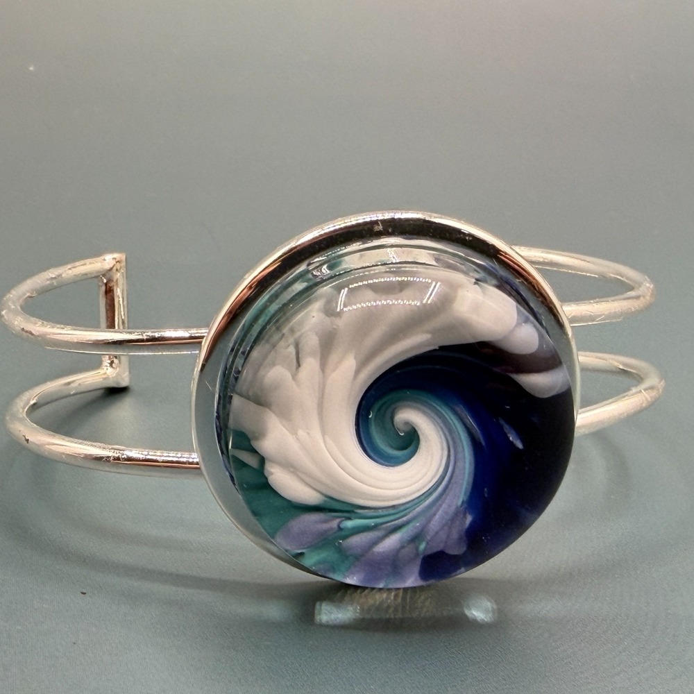 Art Glass Swirl Silver Tone Cuff Bracelet Blue White Teal Statement Jewelry